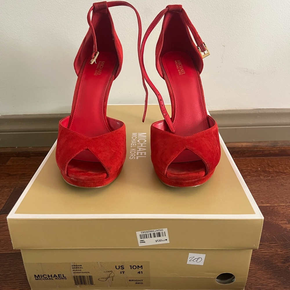Michael Kors Tiegan Red Suede High Heel Sandal with Peep Toe ❤️